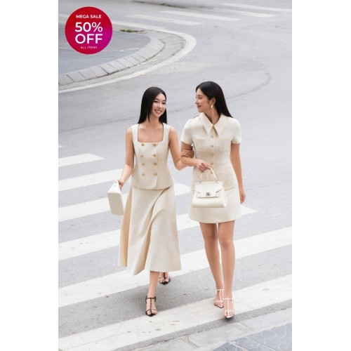 Beige Woven Flared Dress