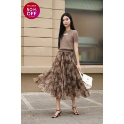 Brown Mesh Flared Skirt