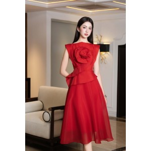 Red 3D Flower Organza Flared Dress