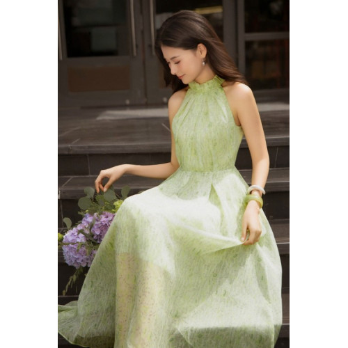 Light Green Nuggets Voile Flared Dress
